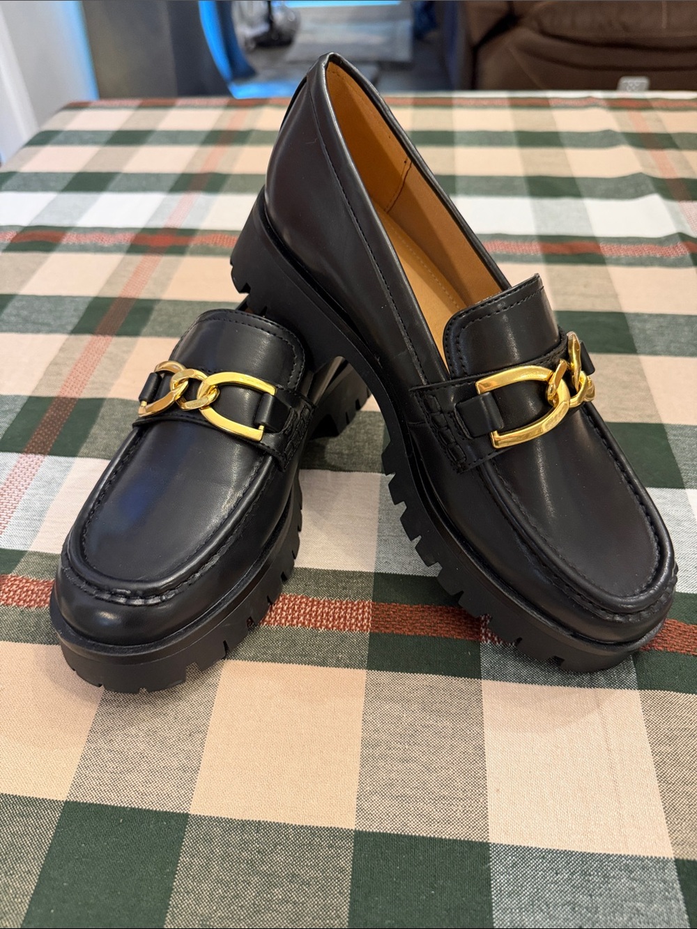 Nine West Black Leather Loafers with Gold Chain Accent